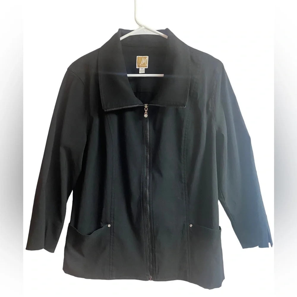JM COLLECTION BLACK ZIP UP COLLARED JACKET POCKETS STRETCHY SIZE 14 - Picture 2 of 8